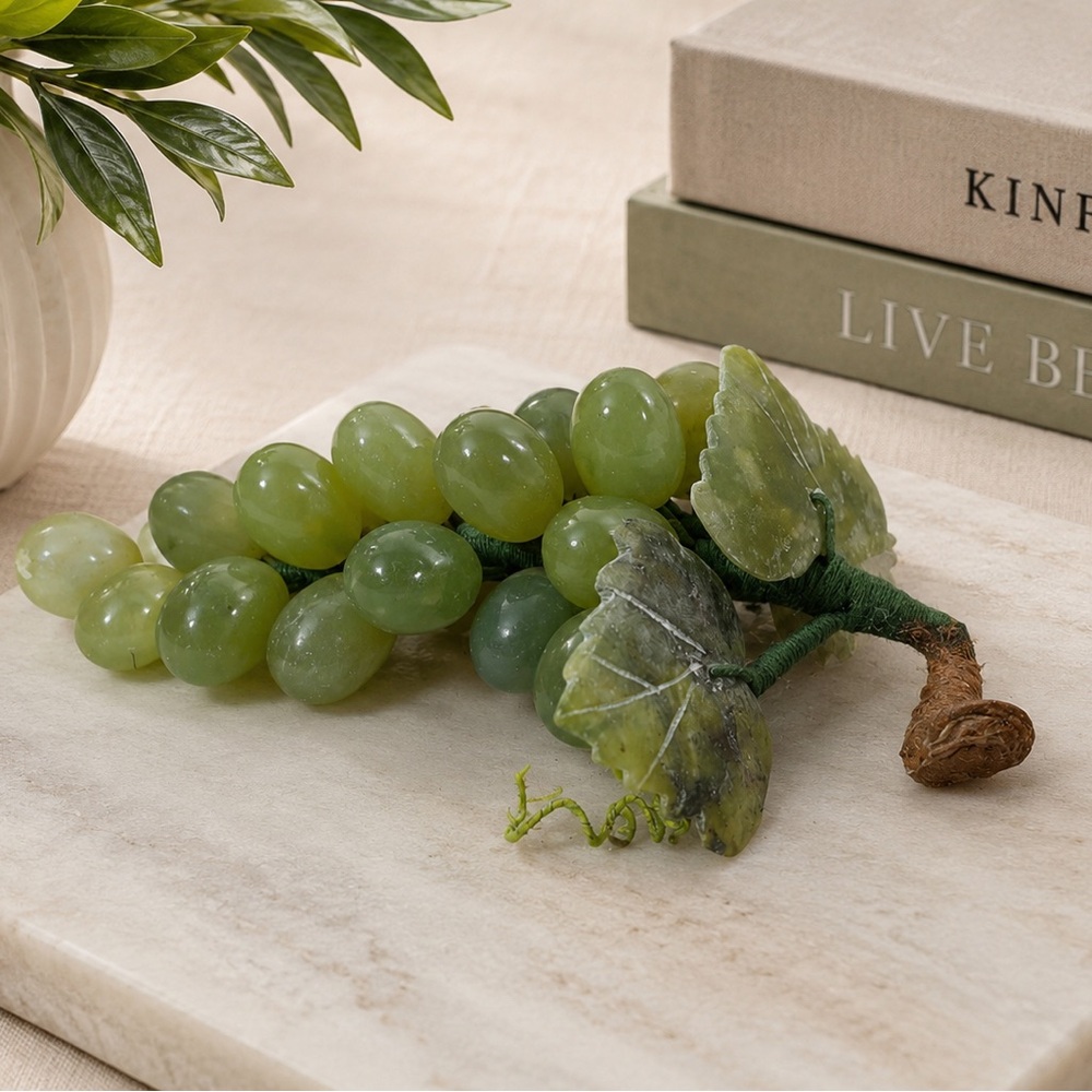 Vintage alabaster stone light green grapes cluster 5” MCM realistic faux fruit